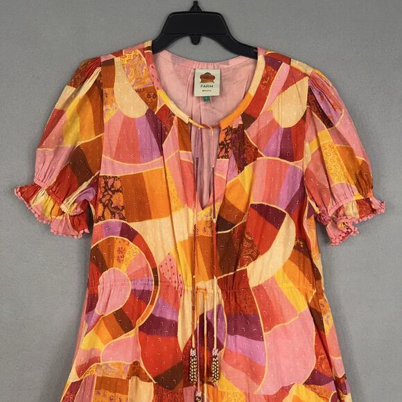 Farm Rio Dress Womens Large Red Orange Patchwork Twirl Boho Ruffle Peasant Loud - Picture 2 of 16